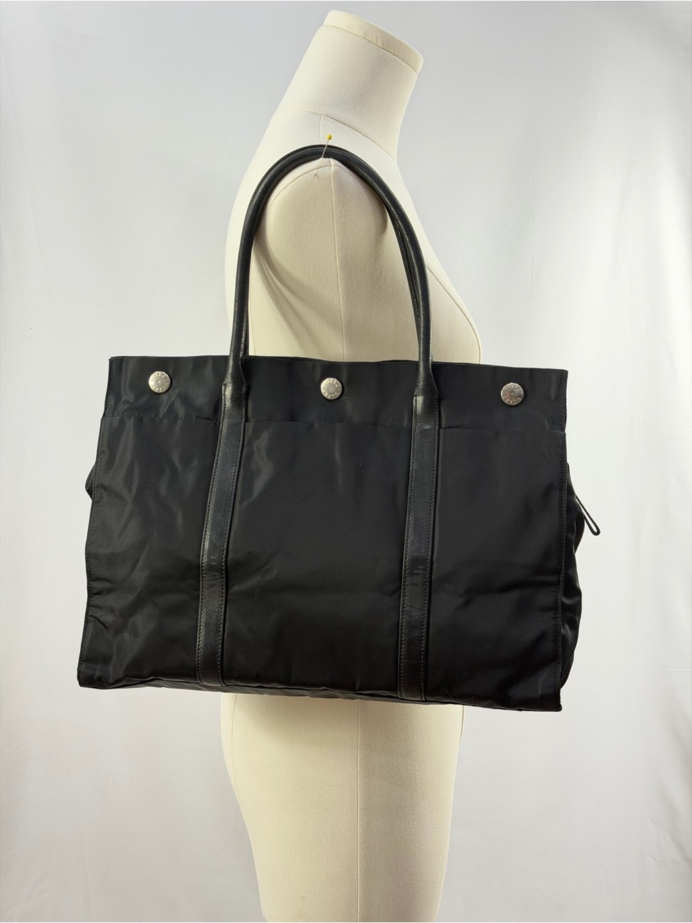 Prada Vintage Black Tessuto Nylon Leather Tote Bag Silver Hardware